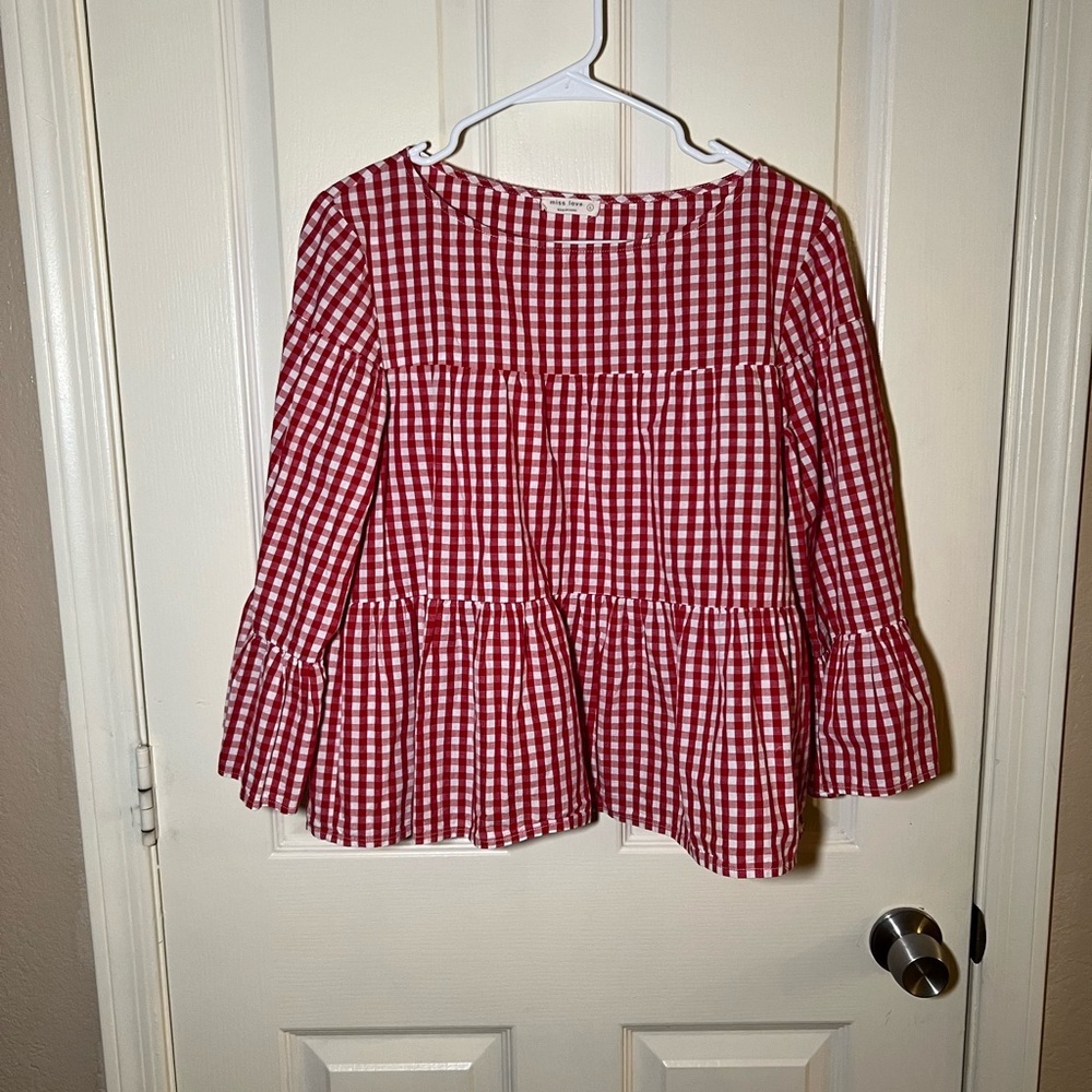 Miss Love Gingham Babydoll Top L Red White Bell Sleeve